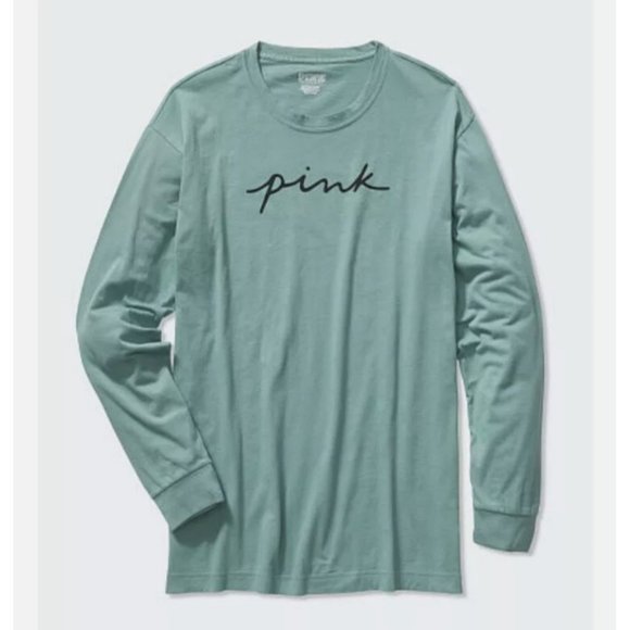 PINK Logo Long Sleeve Green Tee - Picture 2 of 4